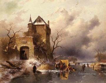 Carlos Leickert Painting - Patinadores en un lago helado junto a las ruinas de un castillo paisaje Charles Leickert